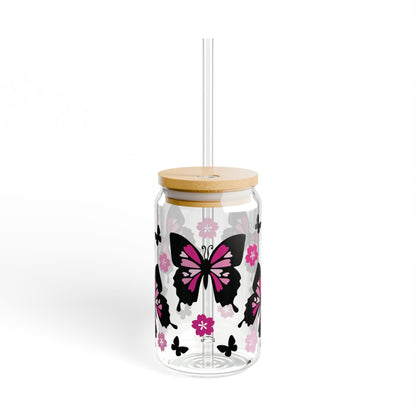 Butterfly-Themed Glass Sipper, Stylish Drinkware, Eco-Friendly Cup, Floral Design, Perfect for Parties, Gifts, Home Decor, Summer Sip