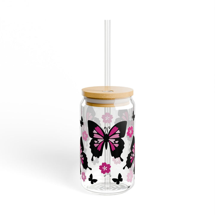 Butterfly-Themed Glass Sipper, Stylish Drinkware, Eco-Friendly Cup, Floral Design, Perfect for Parties, Gifts, Home Decor, Summer Sip - Designs by Mysh