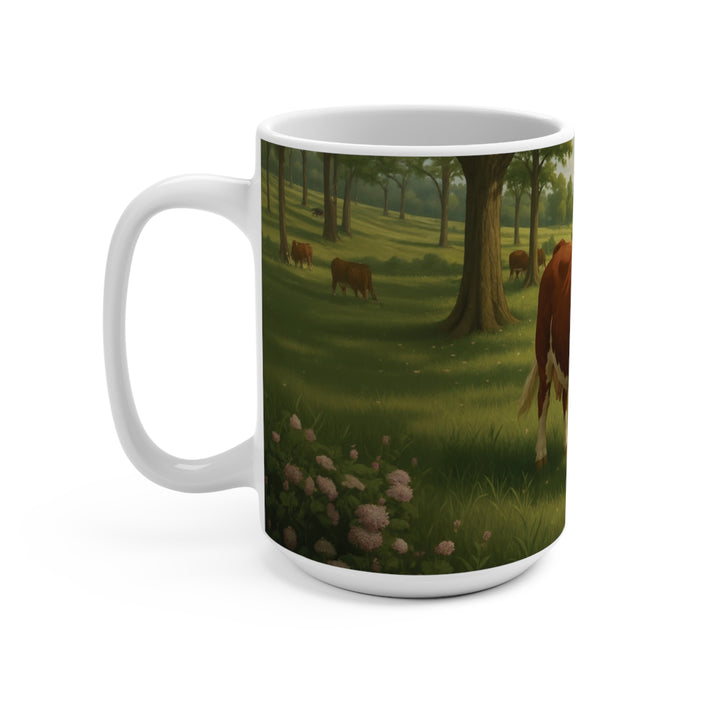 Pastoral Cows in Meadow Scenic Coffee Cup - 15oz Ceramic Mug - Designs by Mysh