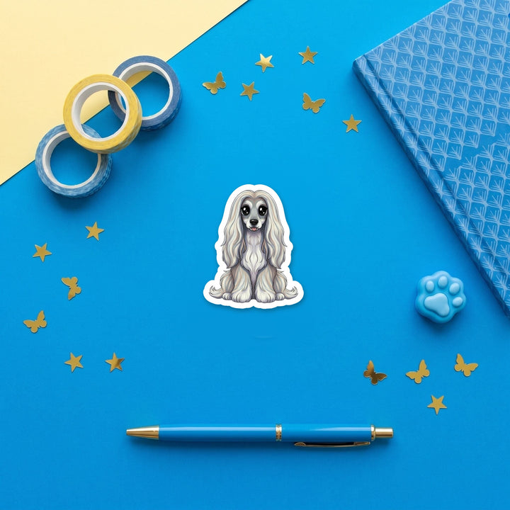 Afghan Hound Silver kawaii 3 inch fridge magnet flat lay with blue stationery