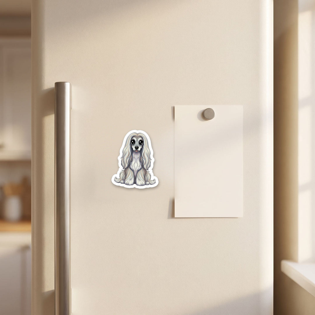 Afghan Hound Silver kawaii magnet on a refrigerator door