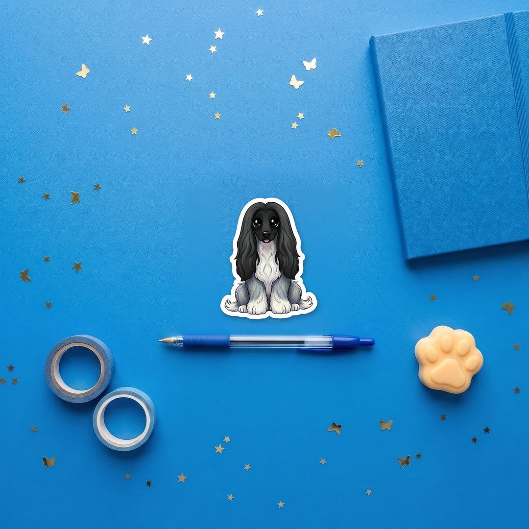 Afghan Hound Black and Silver kawaii 3 inch fridge magnet flat lay with blue stationery