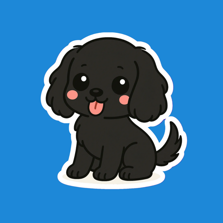 Cartoon black dog with a happy expression on a blue background
