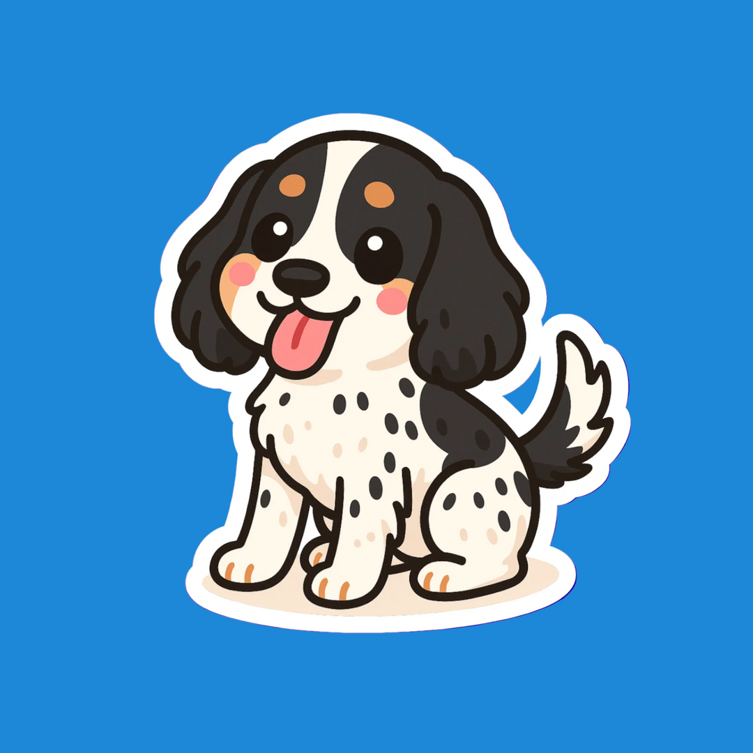 Cartoon dog with black, white, and brown spots on a blue background