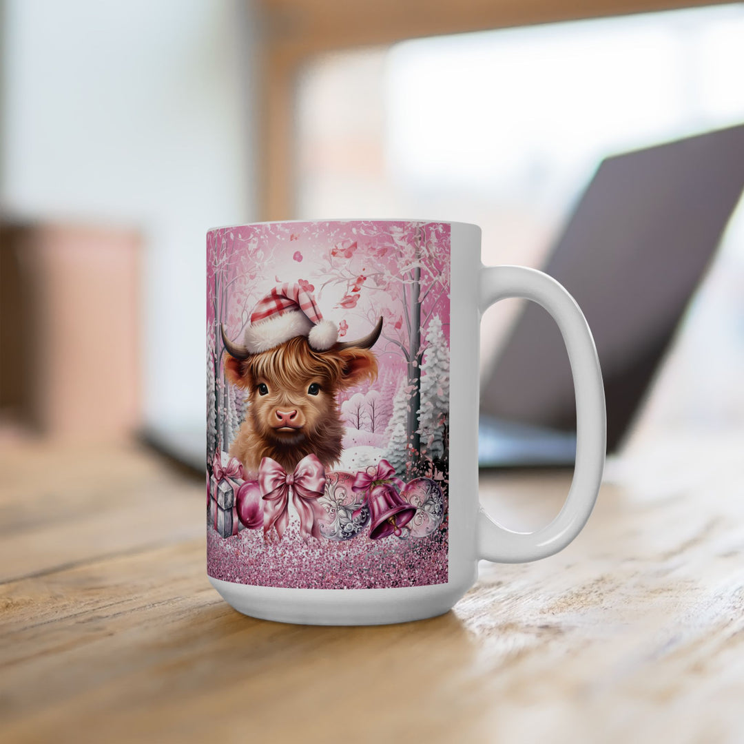 Pink Christmas Highland Cow 15oz Ceramic Mug - Front view - Designs by Mysh