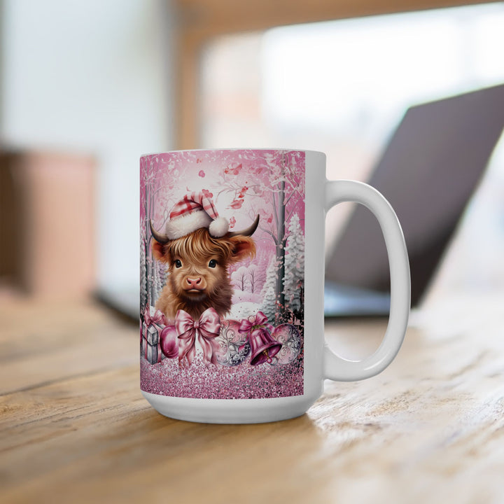 Pink Christmas Highland Cow 15oz Ceramic Mug - Front view - Designs by Mysh