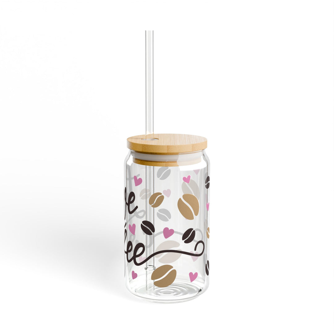 Love Coffee 16oz Sipper Glass — Hearts &amp; Coffee Beans Design - Designs by Mysh