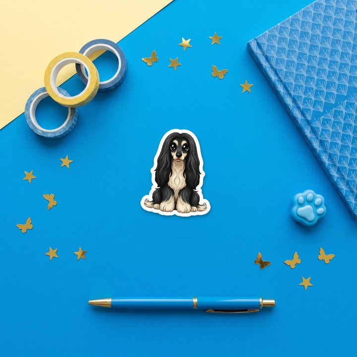 Afghan Hound Black and Tan kawaii 3 inch fridge magnet flat lay with blue stationery