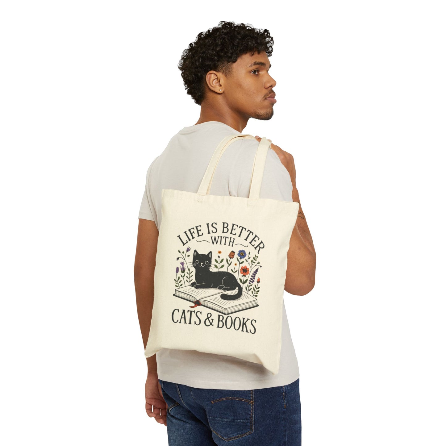 Tote Bag — "Life Is Better With Cats & Books" Canvas Book Lover Tote