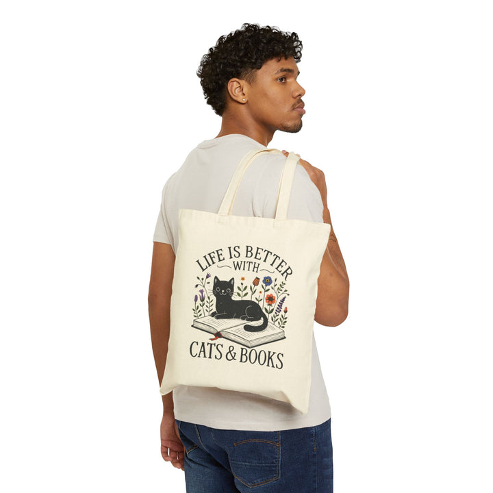 Tote Bag — "Life Is Better With Cats & Books" Canvas Book Lover Tote - Designs by Mysh