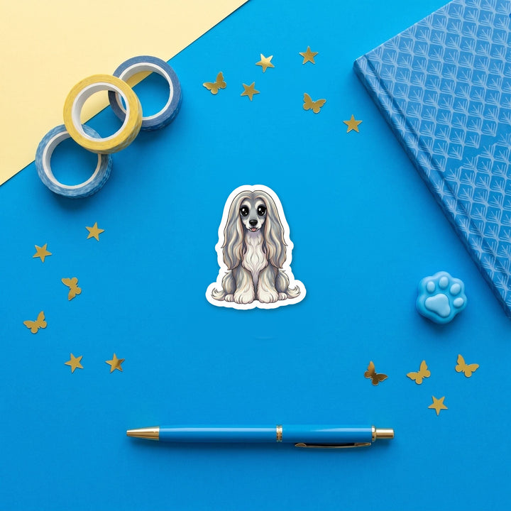 Afghan Hound Grey Blue Cream kawaii 3 inch fridge magnet flat lay with blue stationery