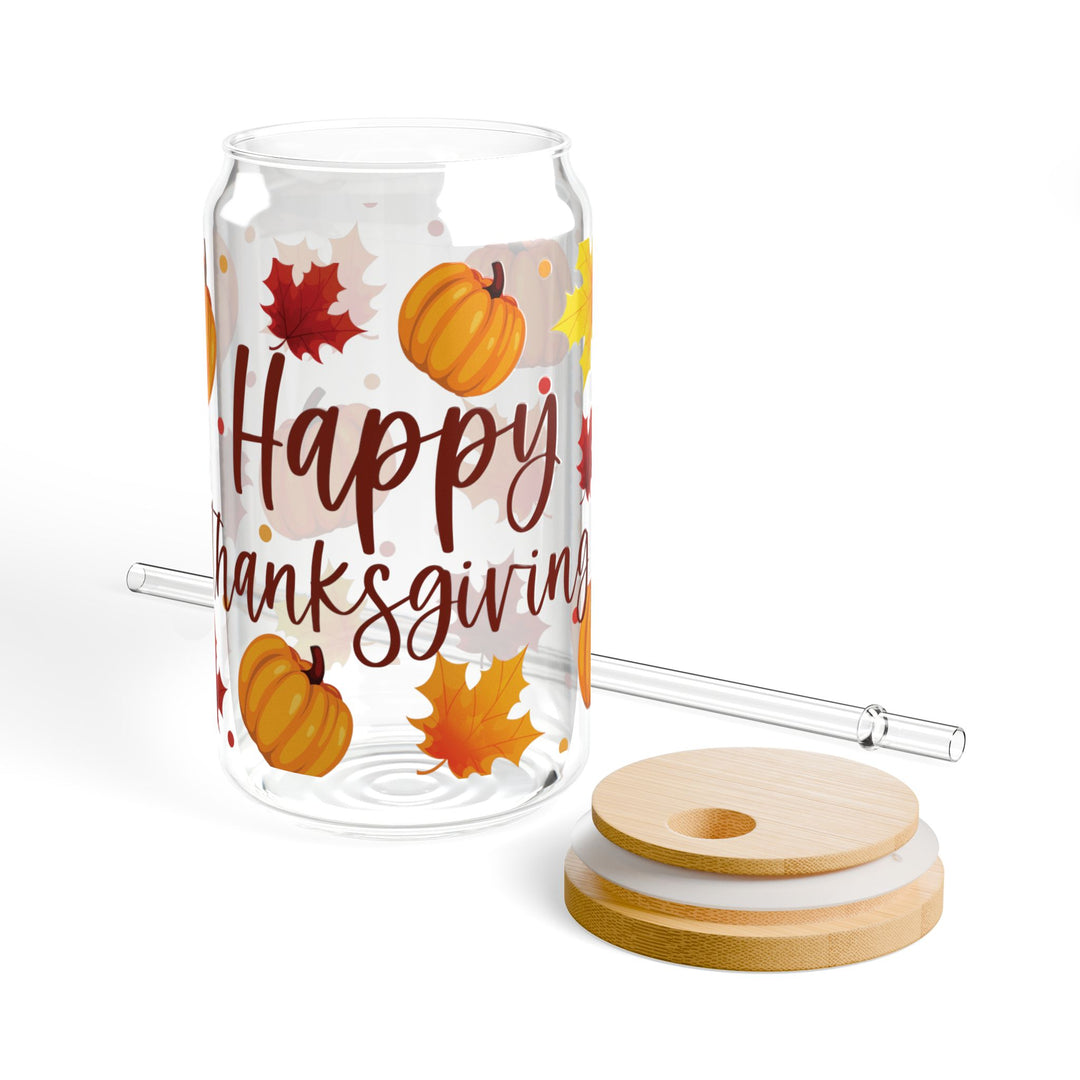 Happy Thanksgiving Pumpkin &amp; Leaves Sipper Glass — 16oz Holiday Drinkware - Designs by Mysh