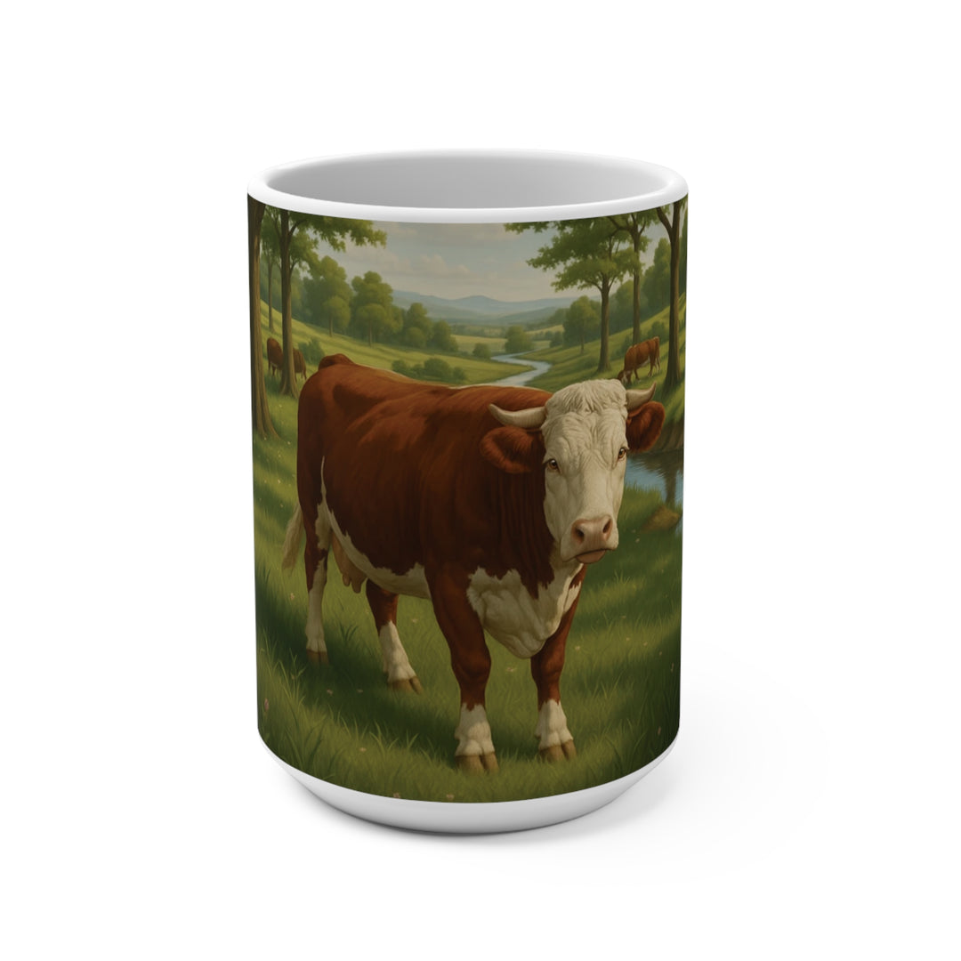 Mug with a cow painting on a green field background