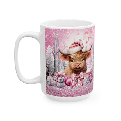 Pink Christmas Highland Cow Ceramic Mug — Festive Holiday Cow Mug (15oz)