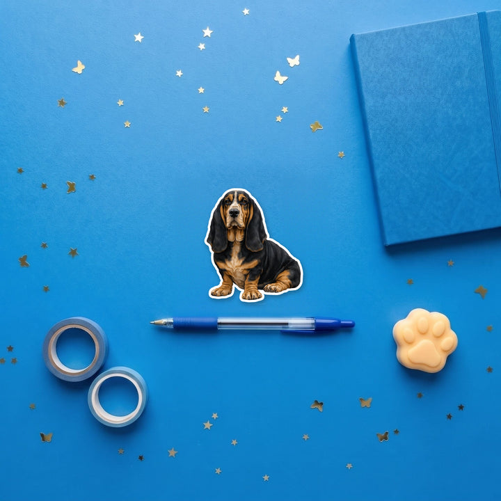 Basset Hound Black and Tan watercolor 3 inch fridge magnet flat lay with blue stationery