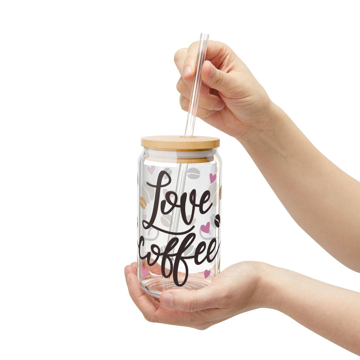 Love Coffee 16oz Sipper Glass — Hearts &amp; Coffee Beans Design - Designs by Mysh