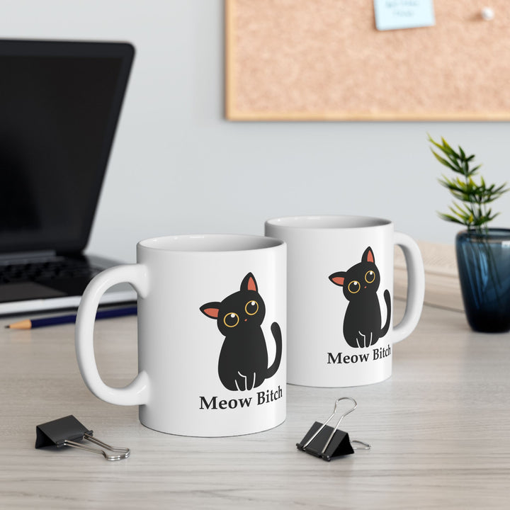 Meow Bitch Kawaii Cat Ceramic Mug – Funny Black Cat Coffee Cup (15oz)