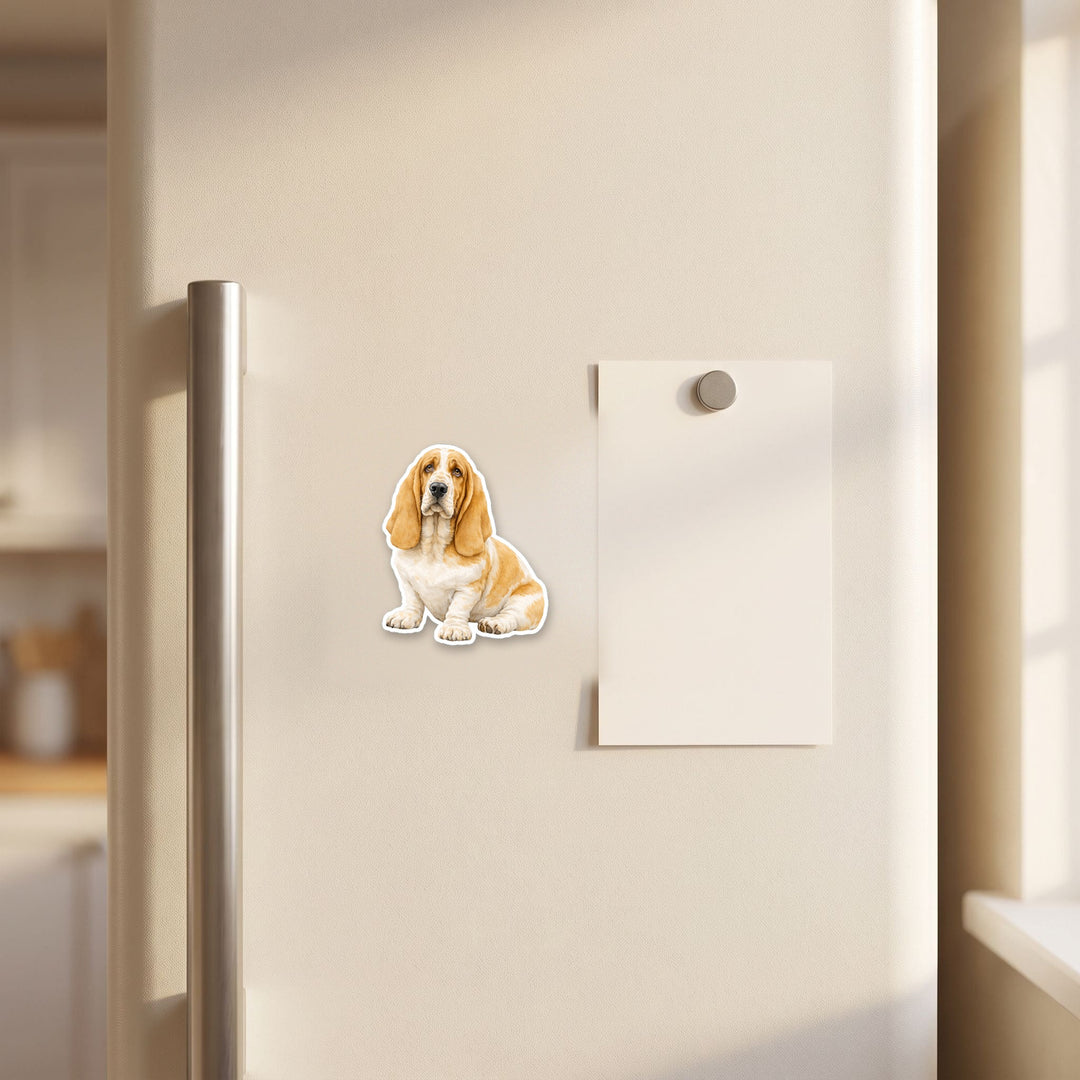 Basset Hound Lemon and White watercolor magnet on a refrigerator door