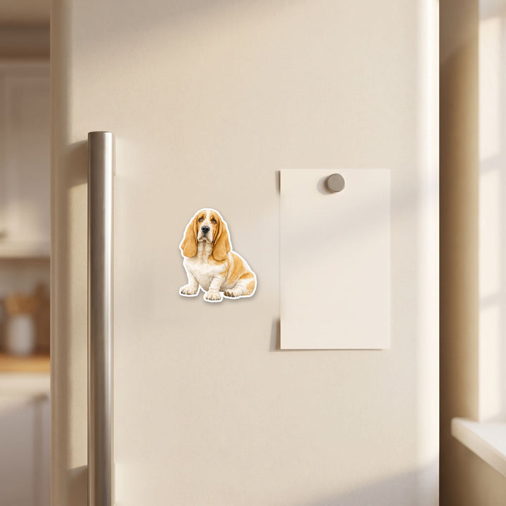 Basset Hound Lemon and White watercolor magnet on a refrigerator door