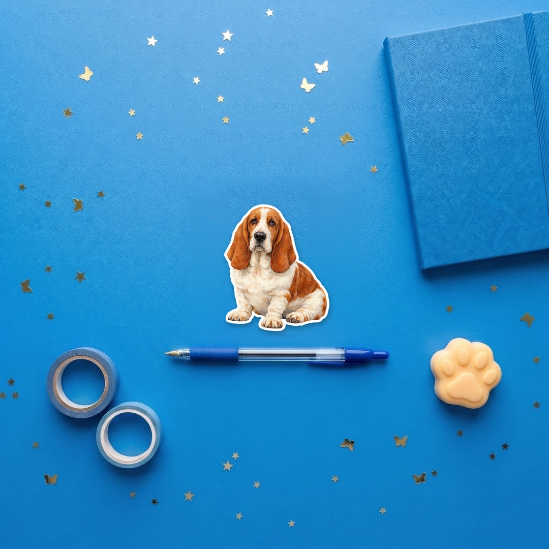 Basset Hound Mahogany and White watercolor 3 inch fridge magnet flat lay with blue stationery