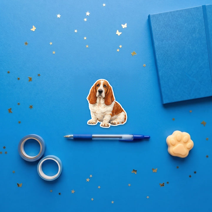 Basset Hound Mahogany and White watercolor 3 inch fridge magnet flat lay with blue stationery