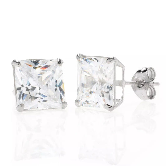 14K White Gold Square Basket Setting Simulated Diamond Stud Earrings Designs by Mysh