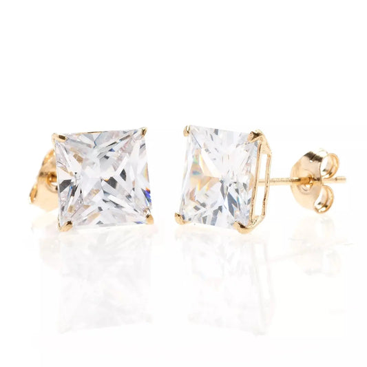 14K Yellow Gold Square Basket Setting Simulated Diamond Stud Earrings Designs by Mysh