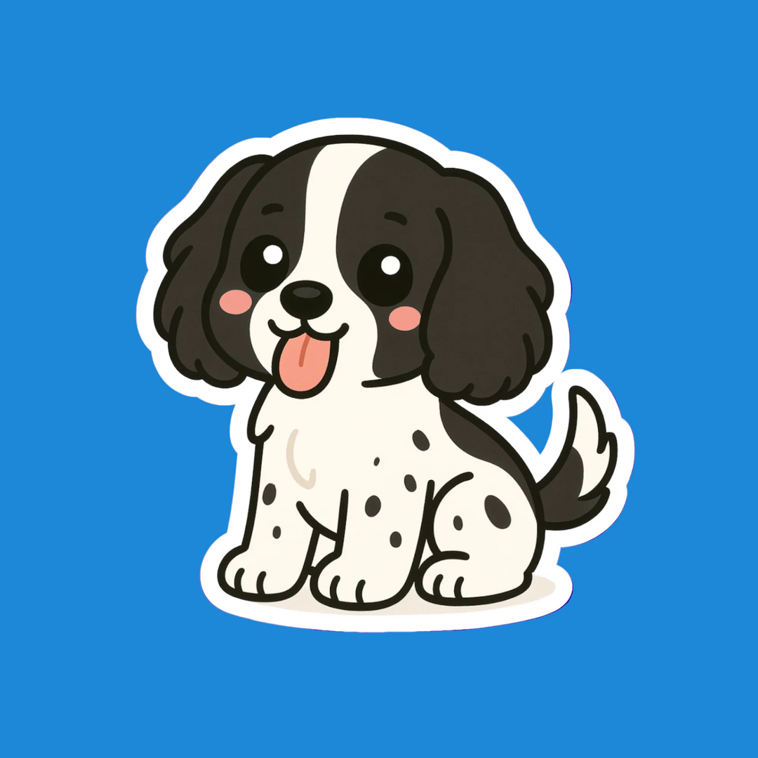 Cartoon dog with black and white fur on a blue background