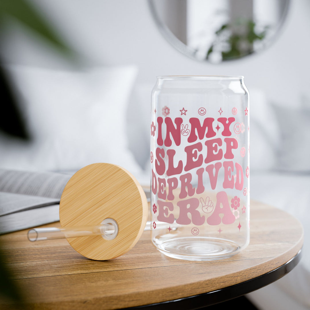 Sipper Glass, 16oz - Sleep Deprived Era Pink Wording Stars Happy Faces Design - Designs by Mysh