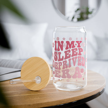 Sipper Glass, 16oz - Sleep Deprived Era Pink Wording Stars Happy Faces Design