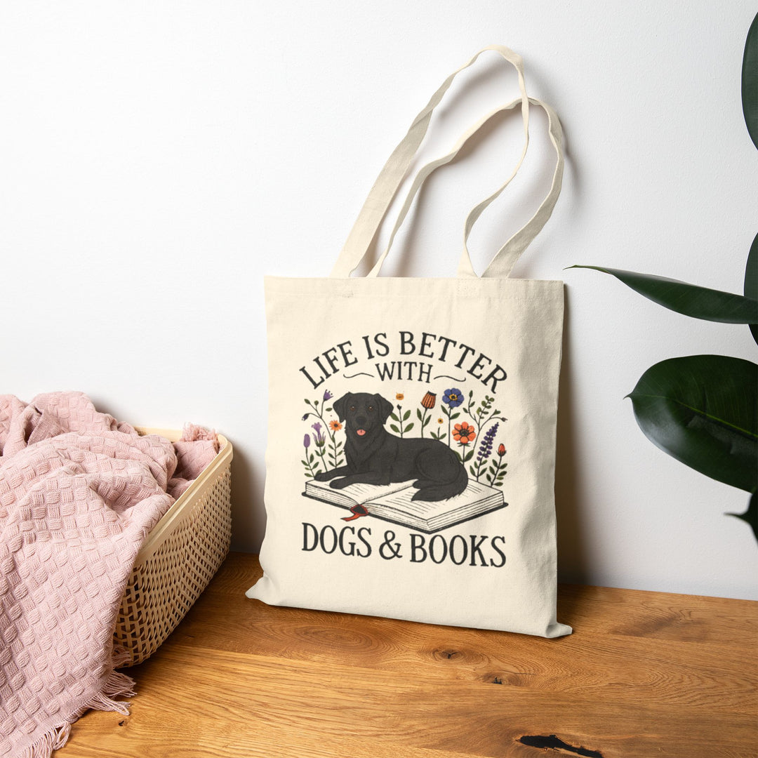 Tote Bag — "Life Is Better With Dogs & Books" Canvas Book Lover Tote - Designs by Mysh