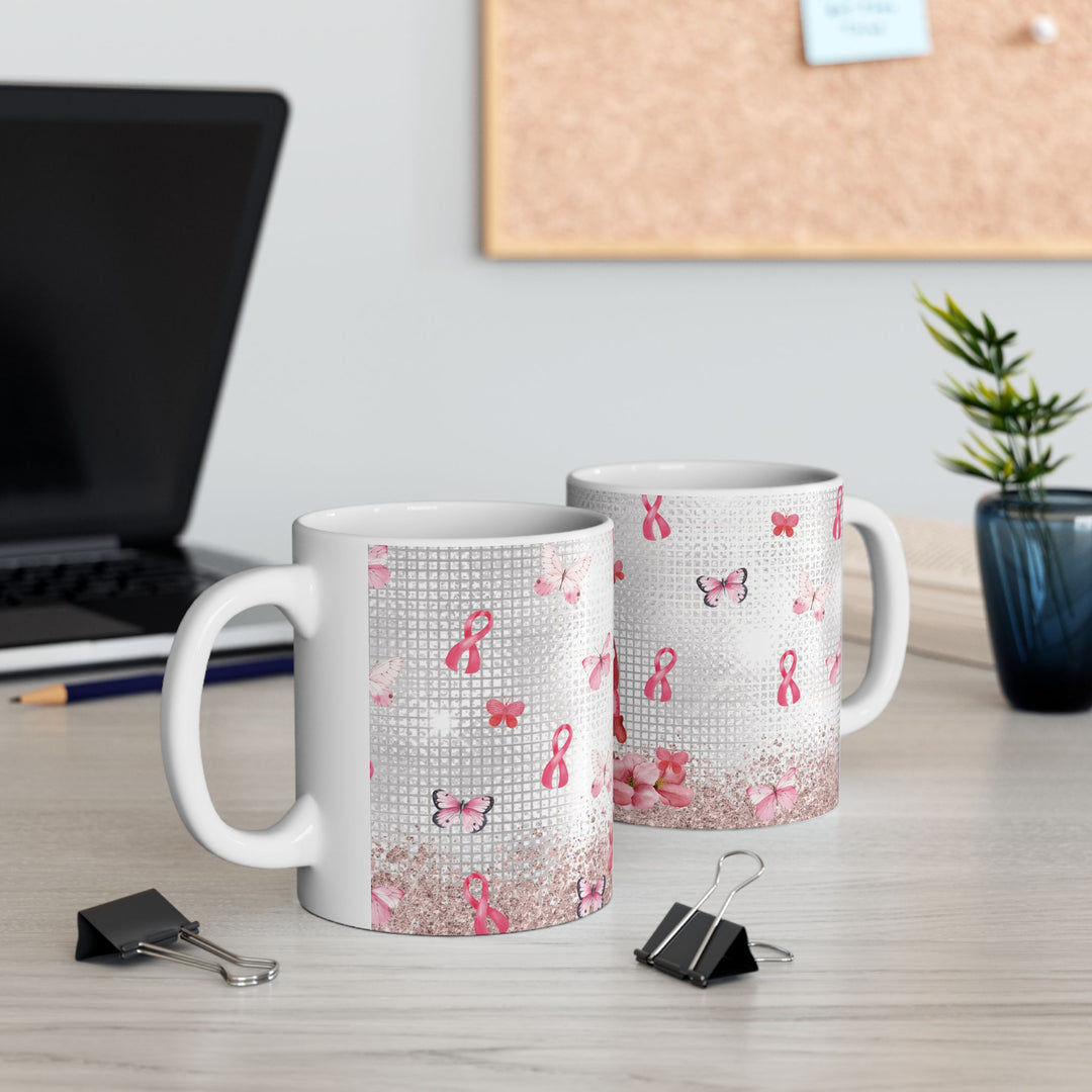 Pink Ribbon &amp; Butterflies Ceramic Mug – Breast Cancer Awareness Gift (15oz)