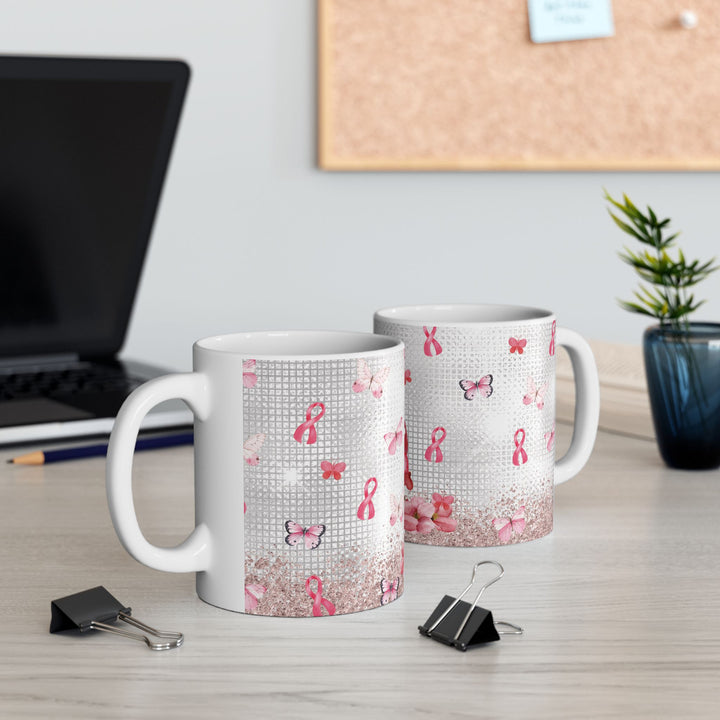 Pink Ribbon &amp; Butterflies Ceramic Mug – Breast Cancer Awareness Gift (15oz)