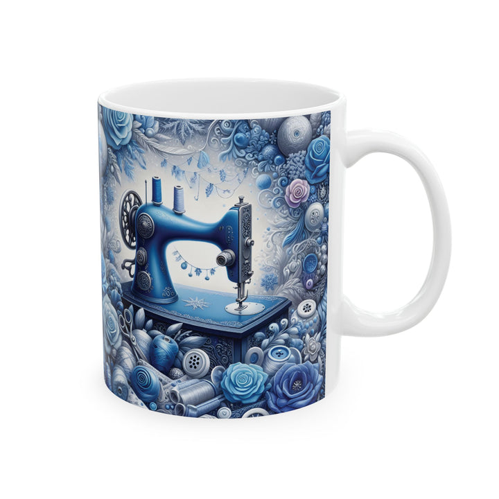 Blue Sewing Machine Ceramic Mug — 15oz Coffee Cup for Sewers &amp; Crafters