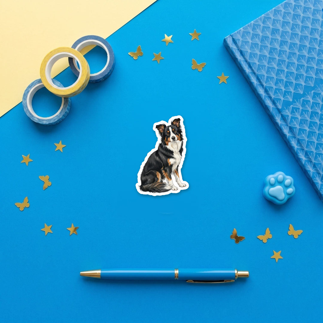 Border Collie Black Tricolor watercolor 3 inch fridge magnet flat lay with blue stationery