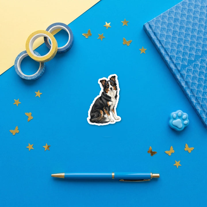 Border Collie Black Tricolor watercolor 3 inch fridge magnet flat lay with blue stationery