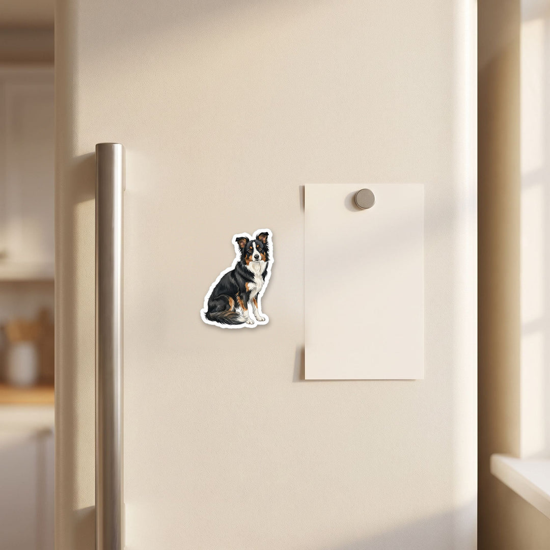 Border Collie Black Tricolor watercolor magnet on a refrigerator door