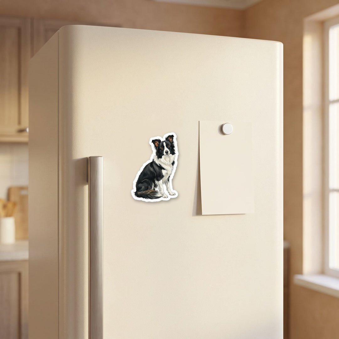 Border Collie Black and White watercolor magnet on a refrigerator door
