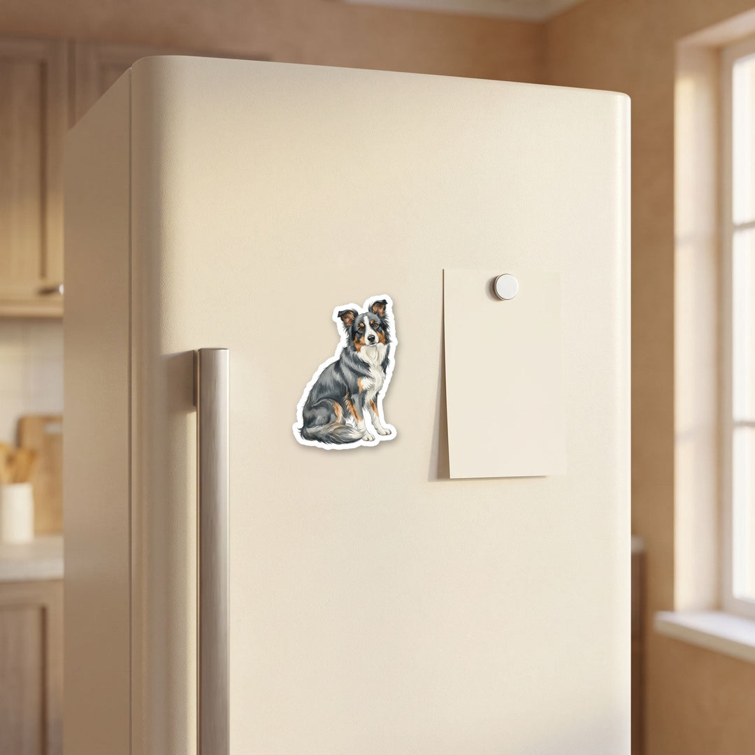 Border Collie Blue watercolor magnet on a refrigerator door