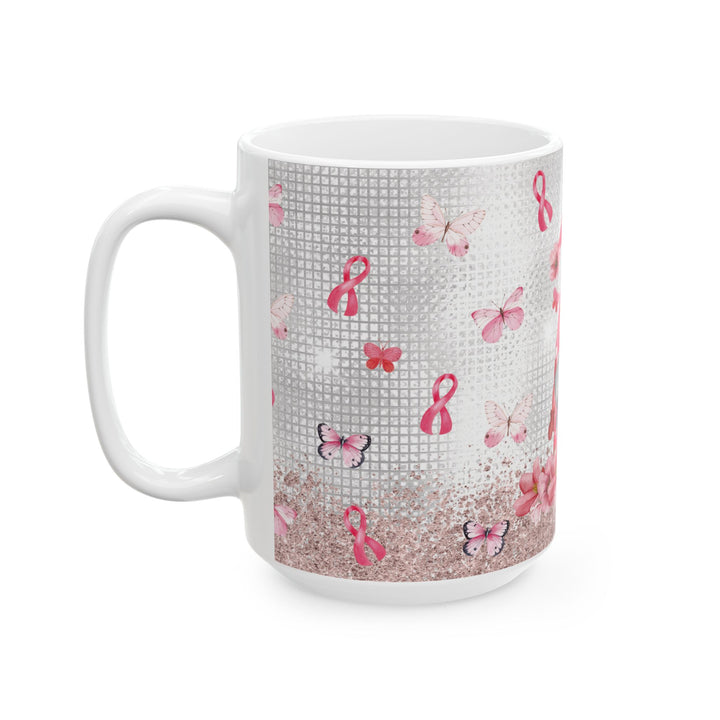 Pink Ribbon &amp; Butterflies Ceramic Mug – Breast Cancer Awareness Gift (15oz)