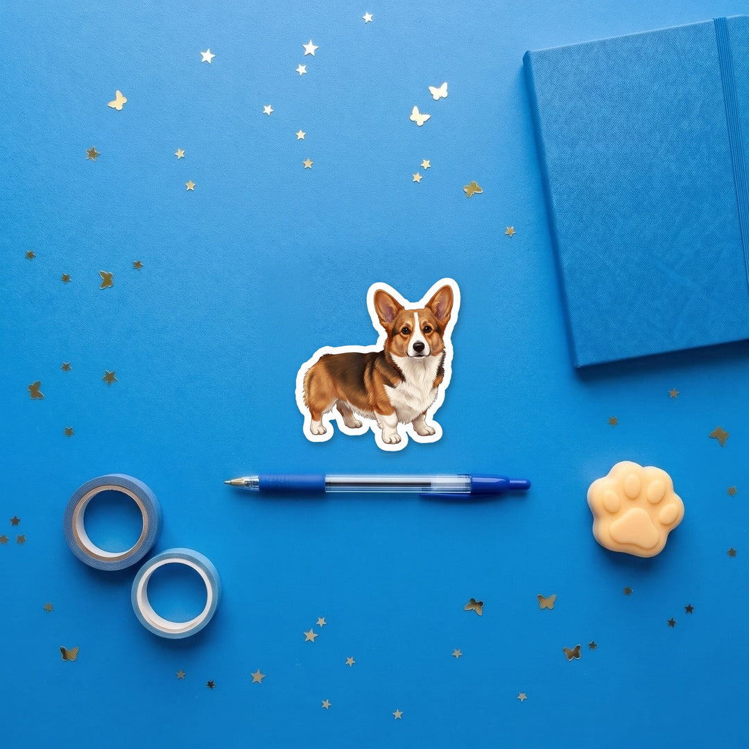Corgi Sable watercolor 3 inch fridge magnet flat lay with blue stationery