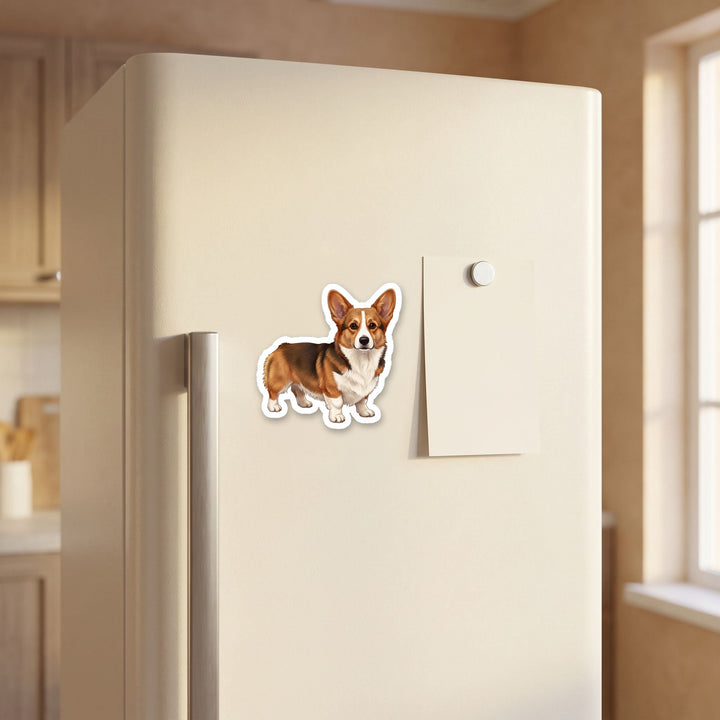 Corgi Sable watercolor magnet on a refrigerator door