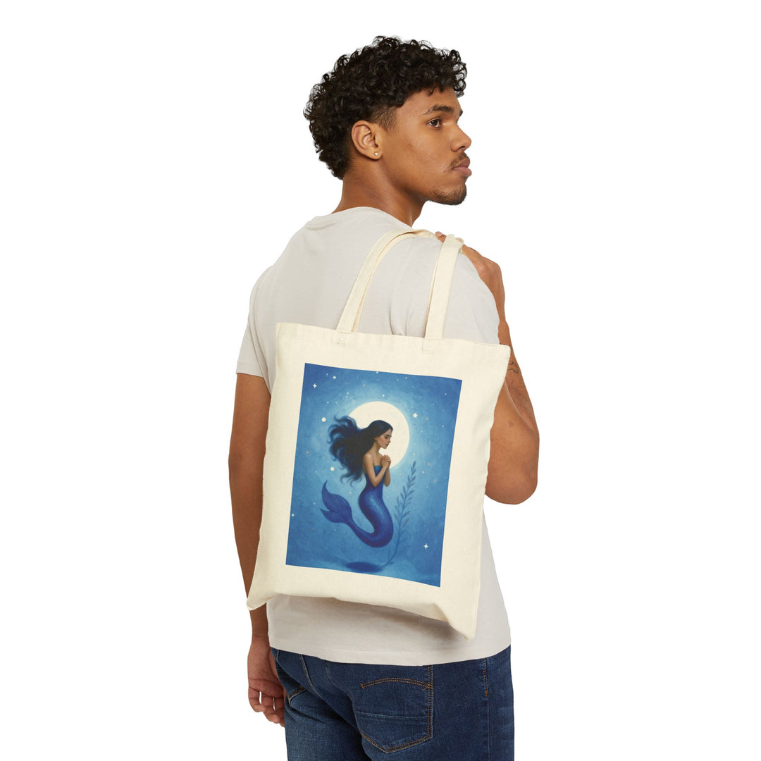 Mermaid Moon Canvas Tote — Ocean Blue Mermaid Illustration Beach Bag