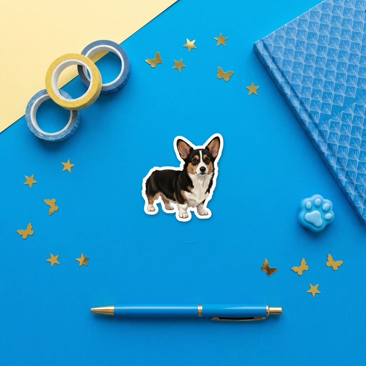 Corgi Black Tri watercolor 3 inch fridge magnet flat lay with blue stationery