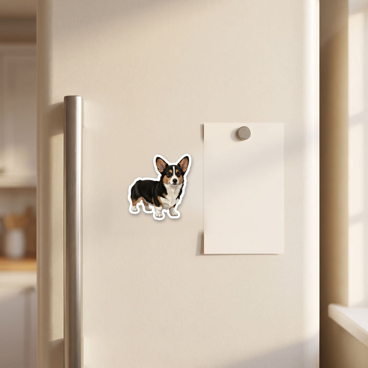 Corgi Black Tri watercolor magnet on a refrigerator door