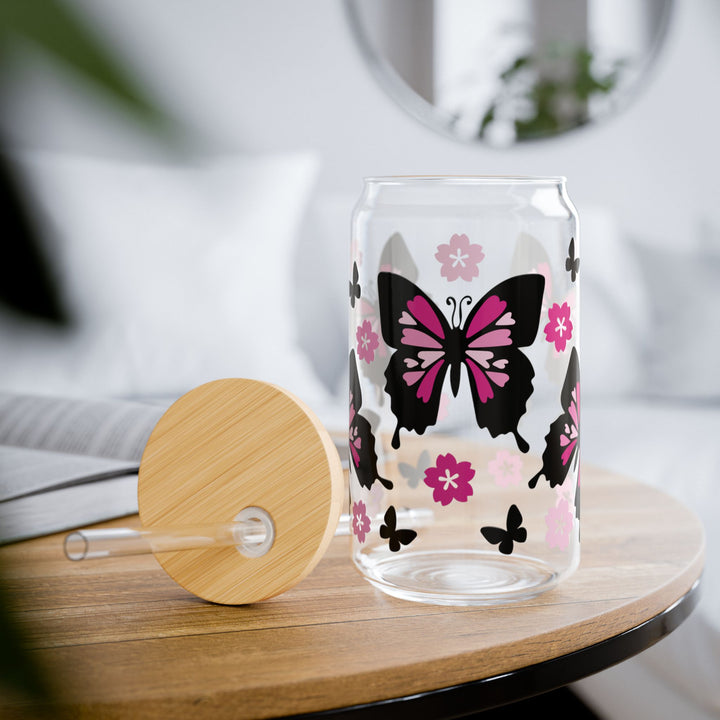 Butterfly-Themed Glass Sipper, Stylish Drinkware, Eco-Friendly Cup, Floral Design, Perfect for Parties, Gifts, Home Decor, Summer Sip - Designs by Mysh