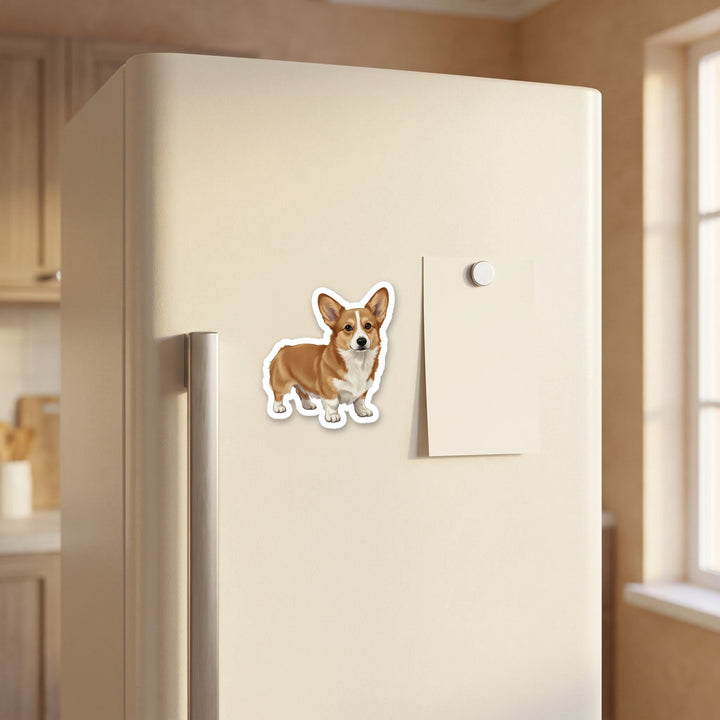 Corgi Fawn watercolor magnet on a refrigerator door