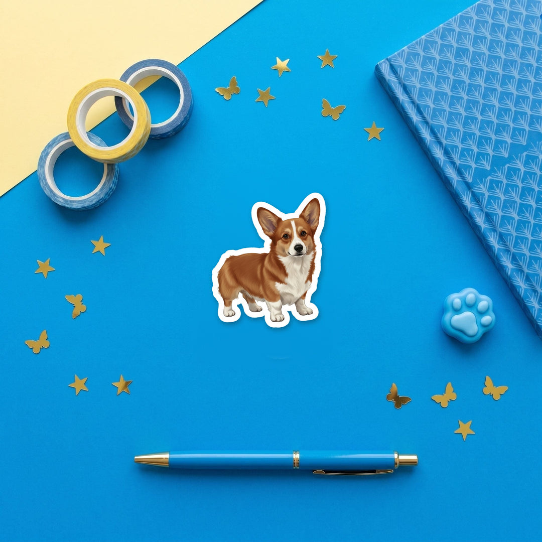 Corgi Red watercolor 3 inch fridge magnet flat lay with blue stationery