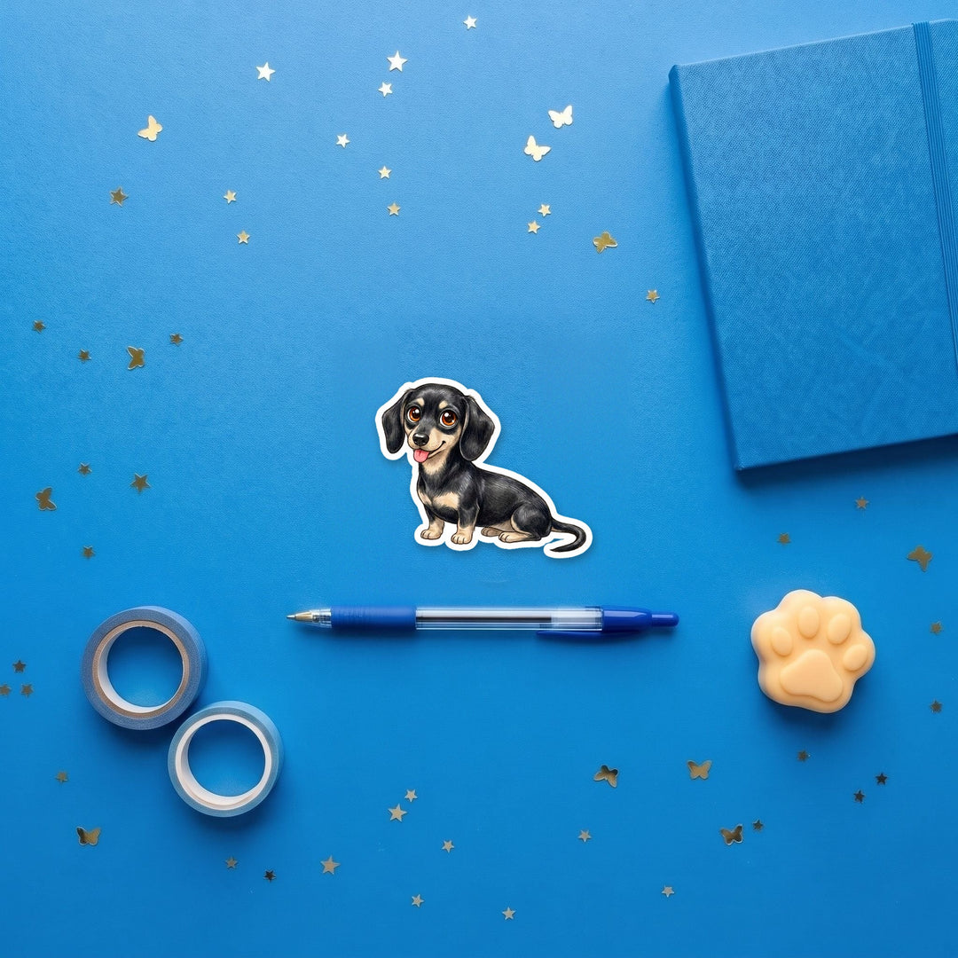 Dachshund Black and Cream kawaii 3 inch fridge magnet flat lay with blue stationery