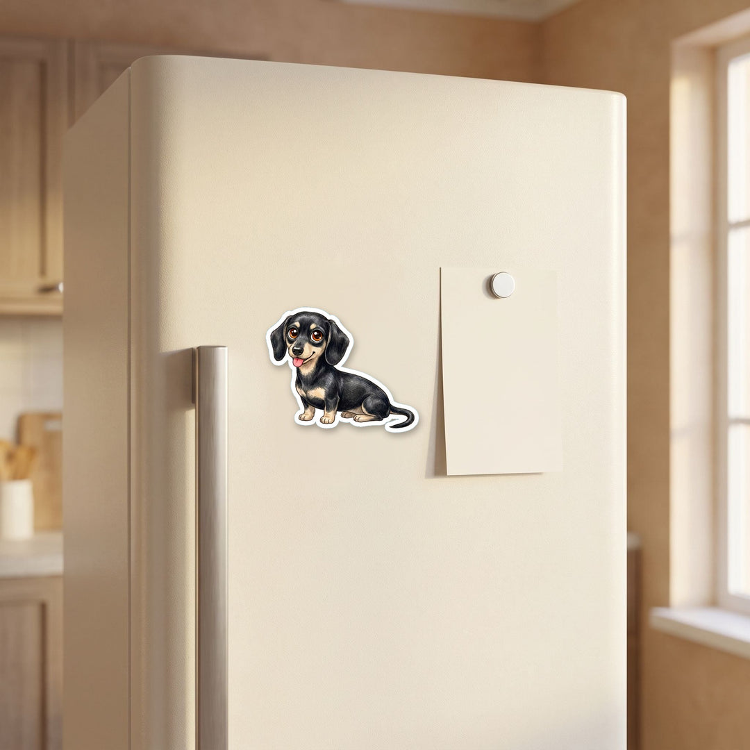 Dachshund Black and Cream kawaii magnet on a refrigerator door